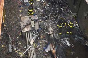 A helicopter that fell into a building in New York City